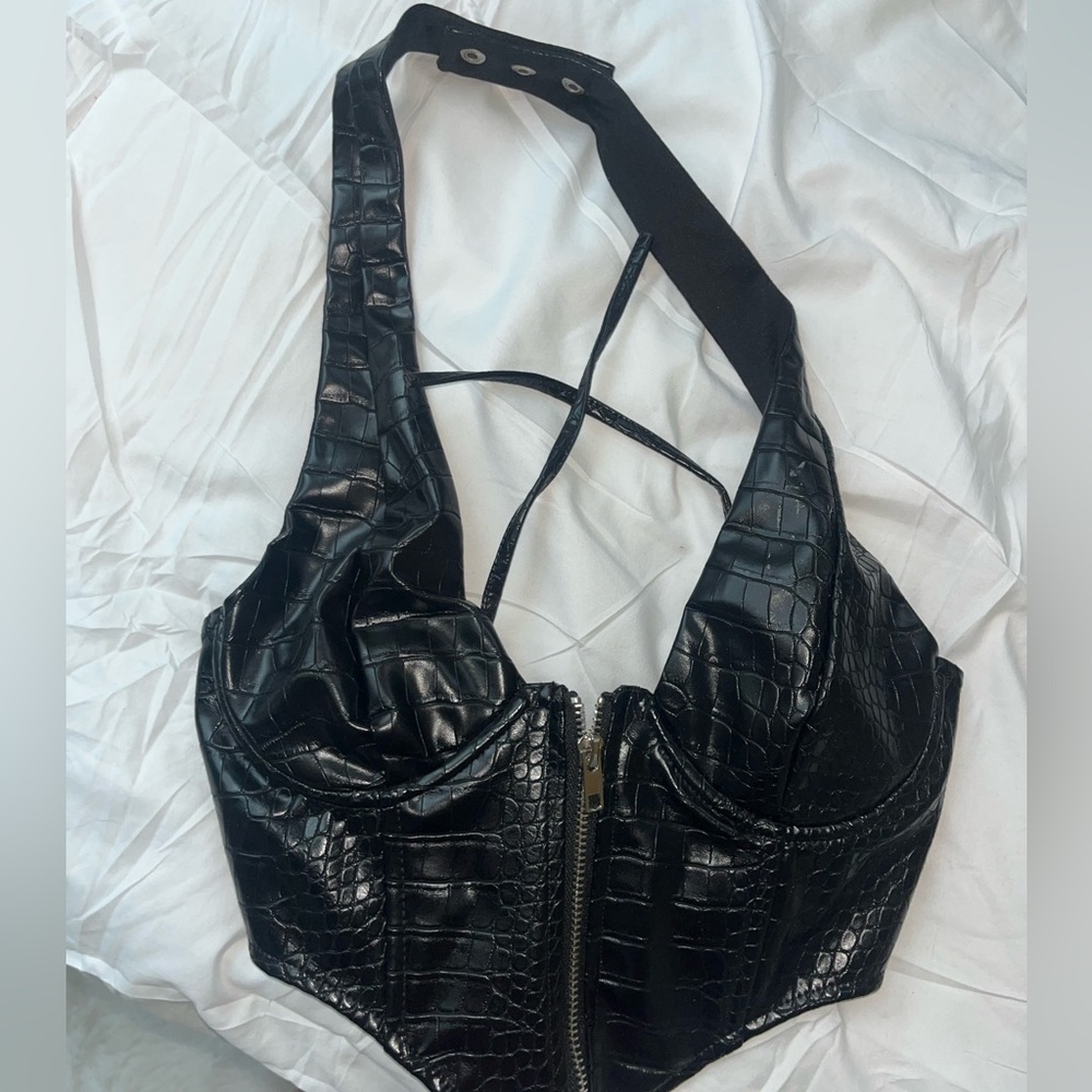 edikted black leather corset/ halter top. never worn